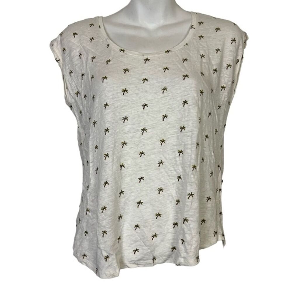 ANN TAYLOR LOFT 100% Linen White Palm Tree Cap Sleeve Oversized Tee Shirt Small